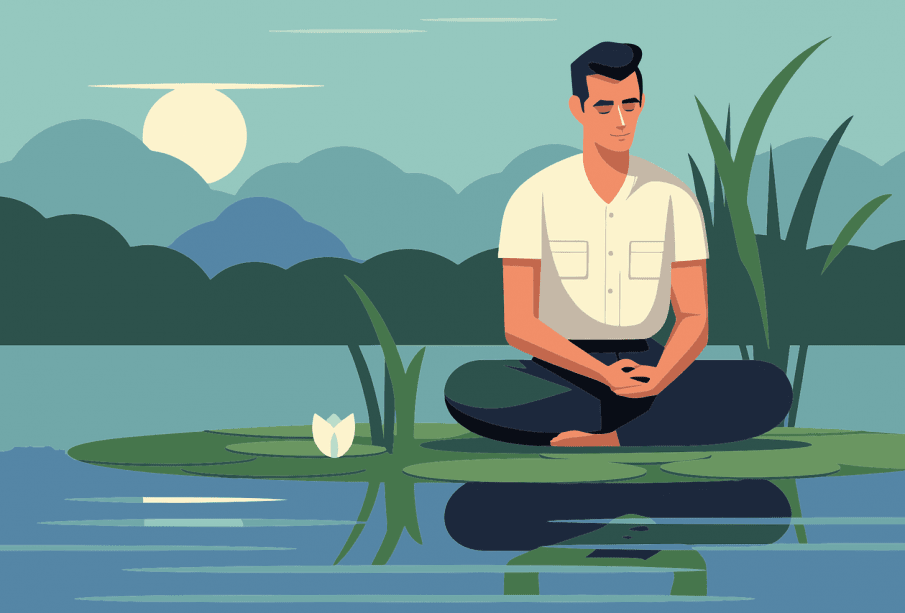 A man in work clothes meditates on a calm lake surrounded by nature.