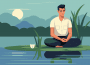 A man in work clothes meditates on a calm lake surrounded by nature.