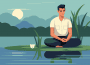 A man in work clothes meditates on a calm lake surrounded by nature.