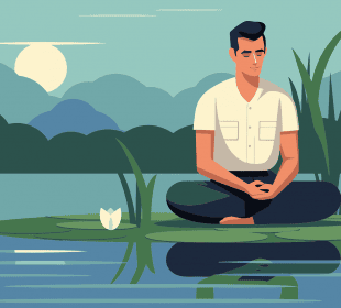 A man in work clothes meditates on a calm lake surrounded by nature.