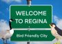 A “Welcome to Regina” sign indicates that Regina is a Bird Friendly City and features a Canada Goose on the left and a Peregrine Falcon on the right facing each other.