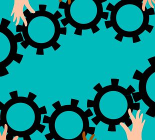 Several different hands juggle and fit together gears like those found in clockworks.