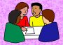 Four friends sitting around a table, talking. They all look like they are from different parts of the world.