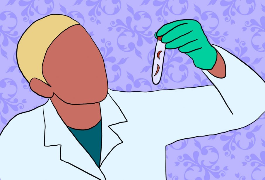 Scientist in a lab coat looking at a vial that contains sickle-cell red blood cells.