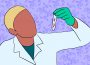 Scientist in a lab coat looking at a vial that contains sickle-cell red blood cells.