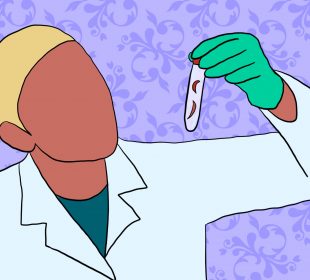 Scientist in a lab coat looking at a vial that contains sickle-cell red blood cells.