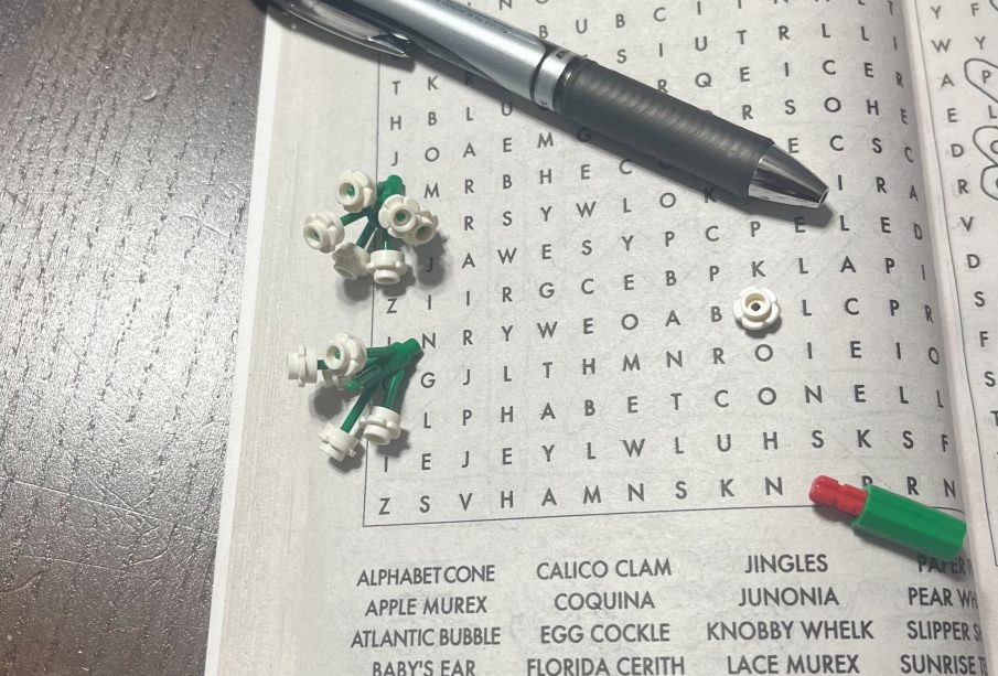 A word search with a two small white Lego flowers and one large Lego flower.