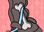 A drawing of a brown toddler car seat holding a large bone on a pink background with chevron geometric patterns.