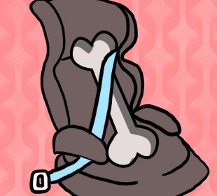 A drawing of a brown toddler car seat holding a large bone on a pink background with chevron geometric patterns.