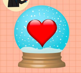 A heart sits in the middle of a snow globe.