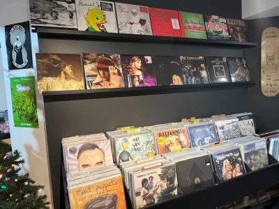 A picture of a display of records at X-Ray Records.