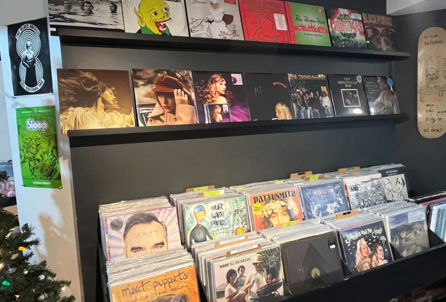 A picture of a display of records at X-Ray Records.