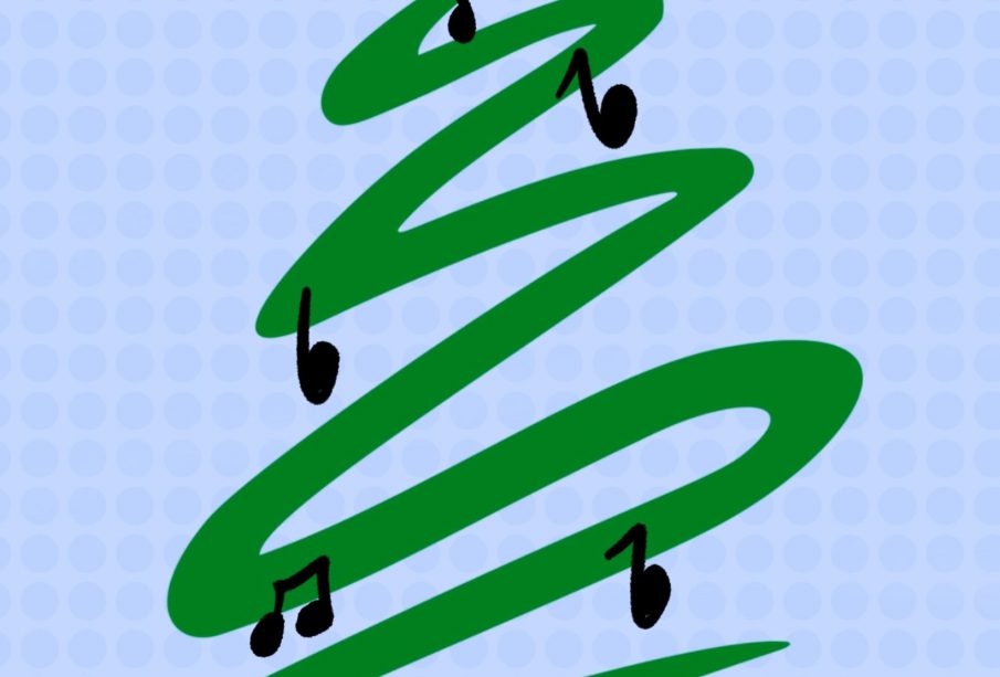 A drawing of an evergreen tree with a star on the top overlaid with music notes as though they were ornaments and a blue background with slightly darker blue dots.
