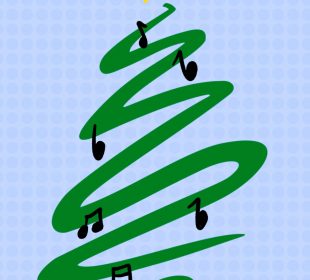 A drawing of an evergreen tree with a star on the top overlaid with music notes as though they were ornaments and a blue background with slightly darker blue dots.