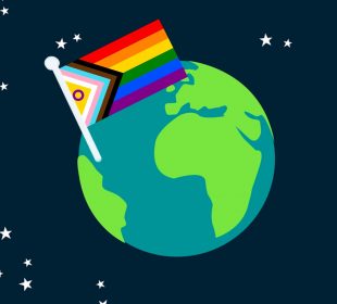 In the middle of a starry galaxy, the globe of Earth is suspended, and features a trans-inclusive pride flag stuck into the oceans.