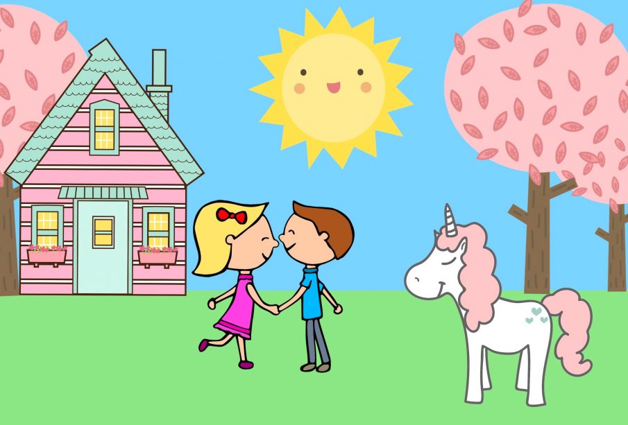 A drawing of two people in the midground looking happily at each other with a pink house and smiling sun in the background. There are pink-leaved trees and a smiling unicorn to the right side of the drawing.