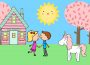 A drawing of two people in the midground looking happily at each other with a pink house and smiling sun in the background. There are pink-leaved trees and a smiling unicorn to the right side of the drawing.