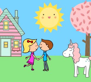 A drawing of two people in the midground looking happily at each other with a pink house and smiling sun in the background. There are pink-leaved trees and a smiling unicorn to the right side of the drawing.