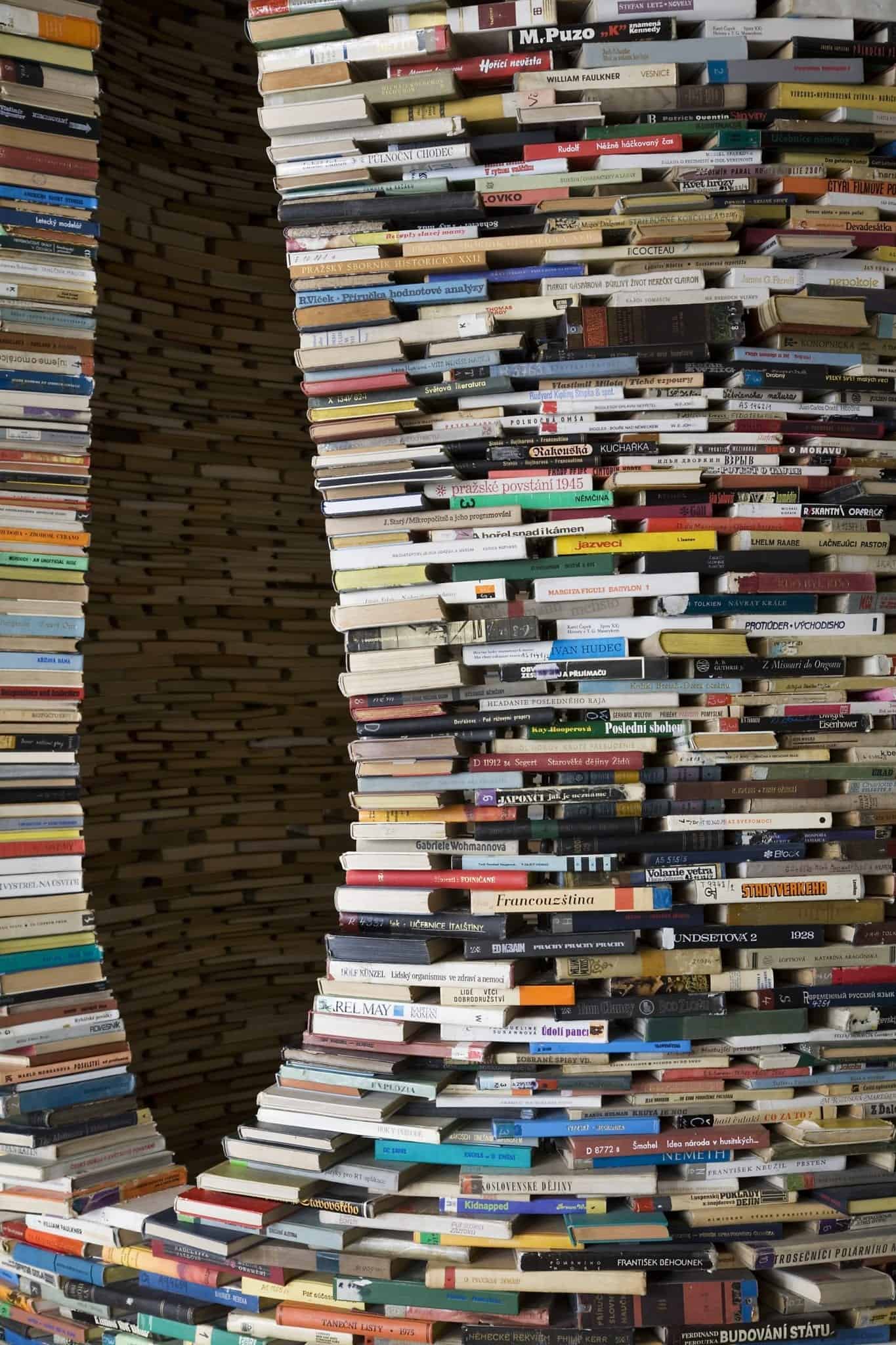a tower of used books