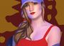 A portrait done by Jorah Bright. The person has a ball cap with a logo on it, long blond hair, and painted red lips. They are wearing a tank top and a jean jacket.