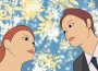 This image is an artistic rendering of a Korean couple. The couple stares at each other lovingly, and there are sparkly florals in the background.