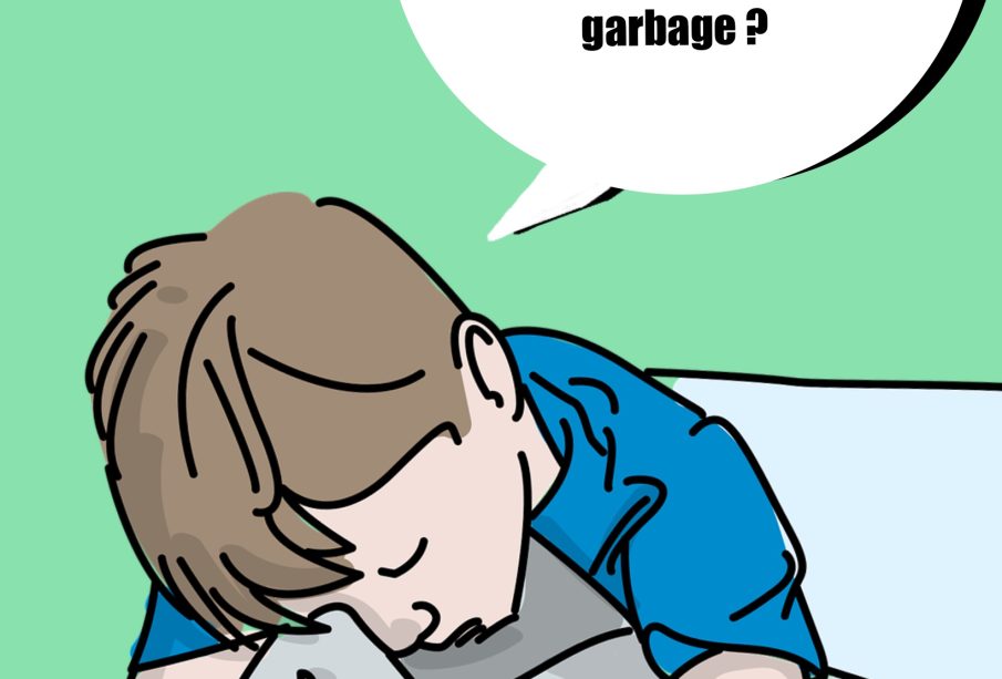 Someone sitting in their bed curled up with their arms around their knees, with a word bubble that says “I swear I kicked the virus months ago! Why do I still feel like garbage?”