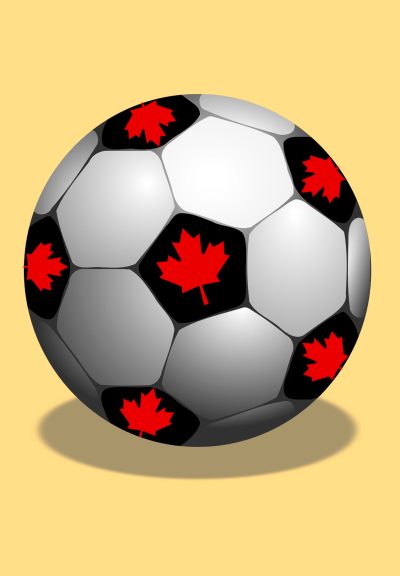A soccer ball sits against a yellow background, and every black patch on the soccer ball has a red maple leaf in the middle of the patch.