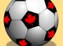A soccer ball sits against a yellow background, and every black patch on the soccer ball has a red maple leaf in the middle of the patch.