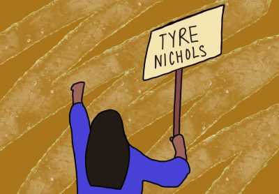 The back of an animated protestor wearing a purple shirt holds up a sign that says “Tyre Nichols.” The background is light brown.