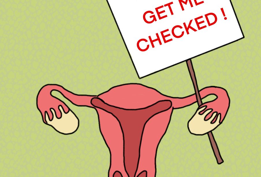 A uterus with a sign that says ‘Get me Checked’ sits on a green background.