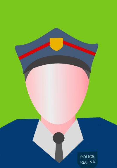 A cartoon RPS police officer sits in uniform on a green background.