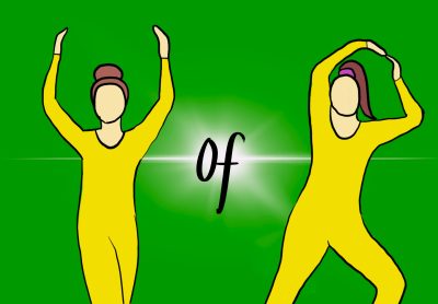 Two dancers stand against a green background. The dancer on the left has their arms raised to spell the letter “U,” “of” is written in the middle, and on the right side the second dancer is posing in the shape of the letter “R.”