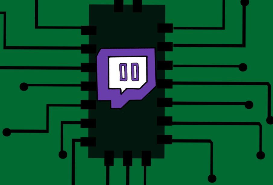 This image shows a digital drawing of a computer chip with wires extending outward. In the center of this computer chip is the twitch icon.
