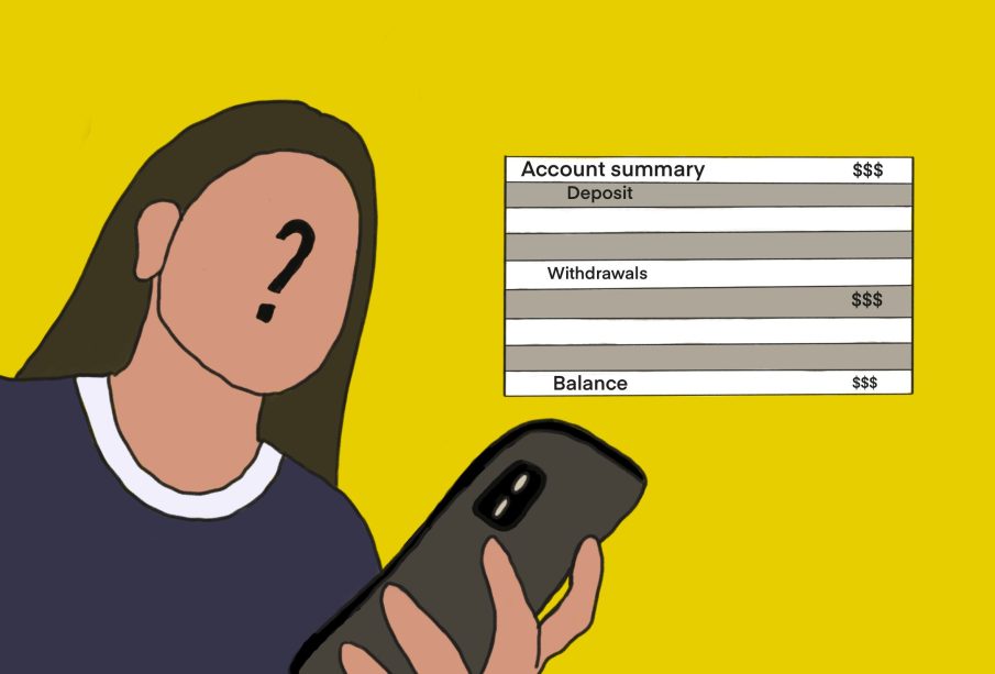 A cartoon drawing of a person looking at their bank account summary on a mobile app. There is a big question mark where their face should be.