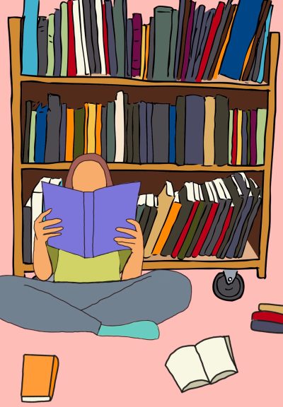 A cartoon drawing of a person sitting on the floor next to a bookshelf, reading a book. Several others are scattered around.