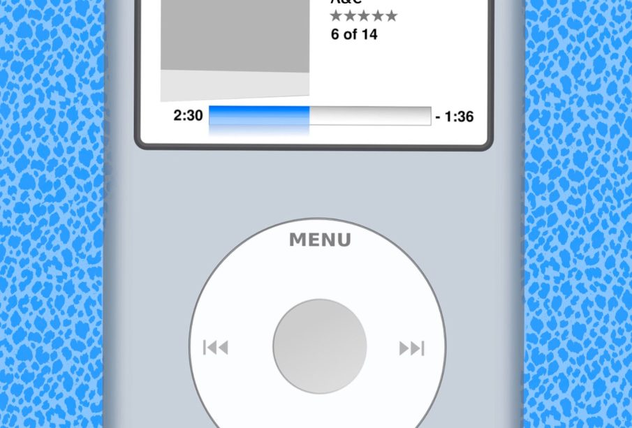 This image shows an old iPod on a blue leopard print background. The iPod has a small screen with arrow buttons to shuffle songs. The screen says ‘now playing’ at the top and has ‘You are listening to: The Carillon, A&C’ as the title. 