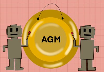 Two bots bang the gong summoning people to the URSU AGM.