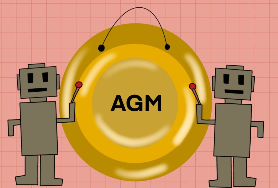 Two bots bang the gong summoning people to the URSU AGM.