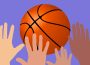 A basketball hangs in the air against a blue background, and four hands reach up from the bottom of the frame trying to catch it.