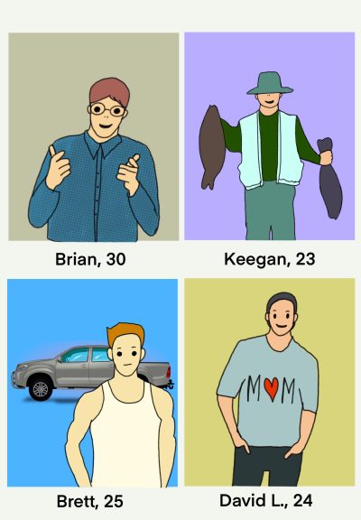 A 2x2 chart showing dating profiles of four men. The first, Brian, gives two thumbs-up to the camera while smiling through his glasses. The second, Keegan, poses in fishing gear with two catches of the day. The third, Brett, poses in a tank top in front of his silver truck. The fourth, David L., stands shyly with his hands in his pockets, wearing a shirt that says “MOM” with a heart instead of the letter O. 