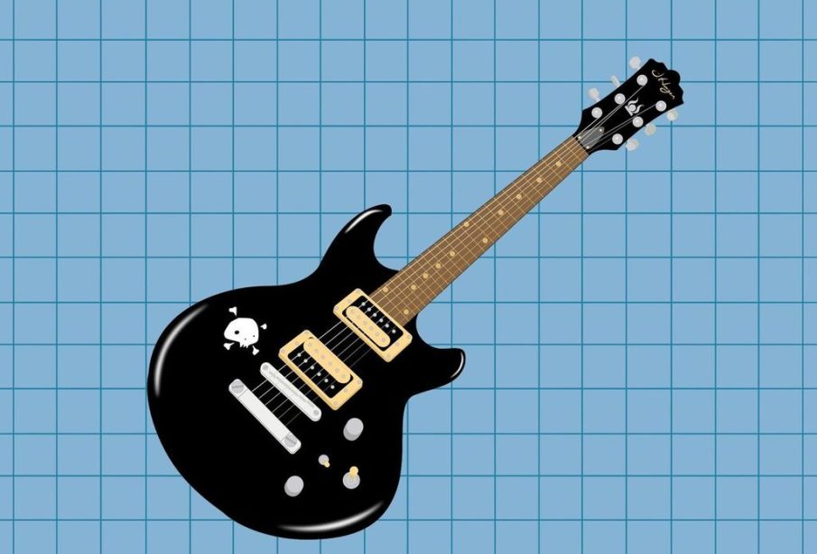This image is a digital drawing of an electric guitar. It has a little skull sticker on the guitar, and the background is blue tiles. 