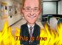 A caricature of Jeff Keshen, President of the University of Regina, who stands in the Classroom Building hallway on campus. The hallway behind him burns and the caption at the bottom reads ‘This is fine.’