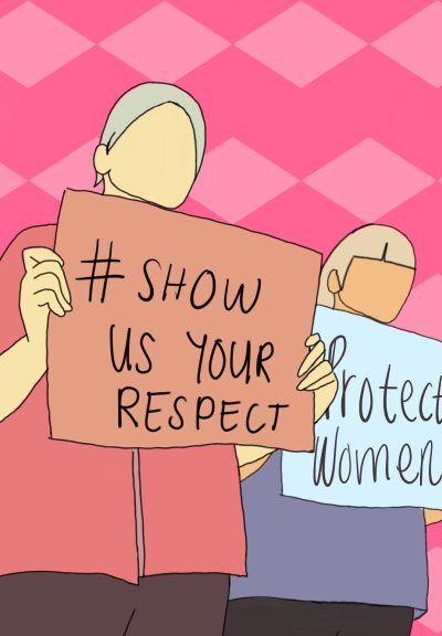 A sketch showing two people holding up placards that say Show us Your Respect and Protect women in protest of the Experience Regina campaign.