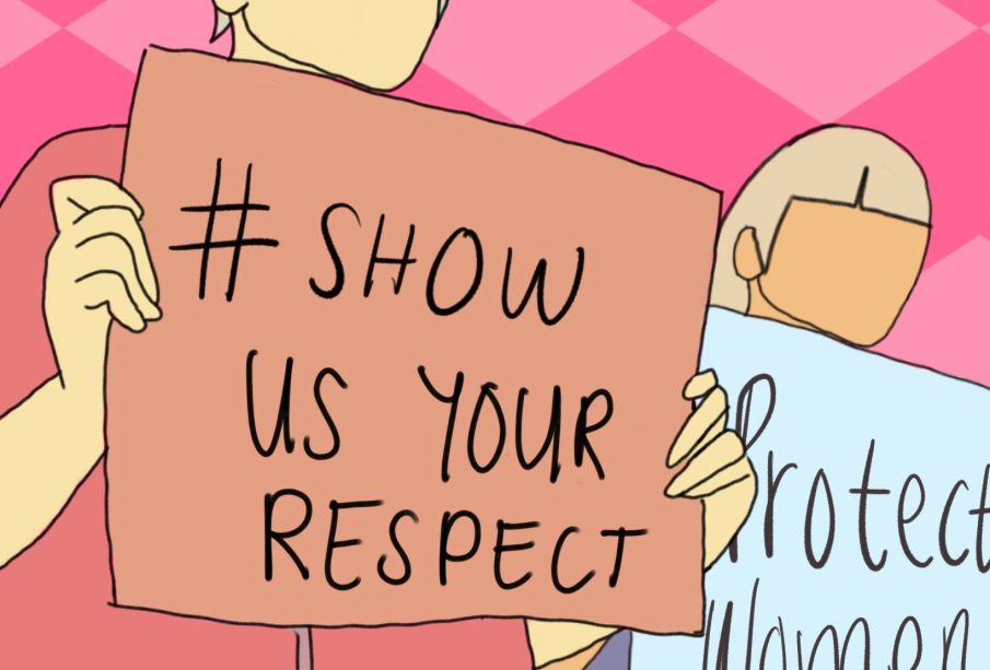A sketch showing two people holding up placards that say Show us Your Respect and Protect women in protest of the Experience Regina campaign.