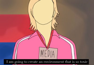 An illustration parodying a meme where a blonde woman dressed in pink says “I am going to create an environment that is so toxic.” The woman is wearing a lanyard around her neck that reads “MEDIA.”
