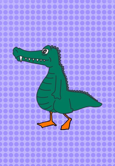 An alligator-duck dinosaur roams around on a purple background.