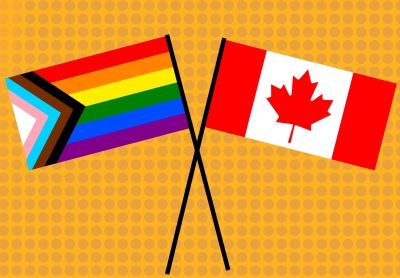 A sketch of the flag of Canada and the pride flag, overlapping each other at the masts