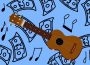 A ukulele on a blue background overlaid with hand-drawn black music notes and dollar bills.