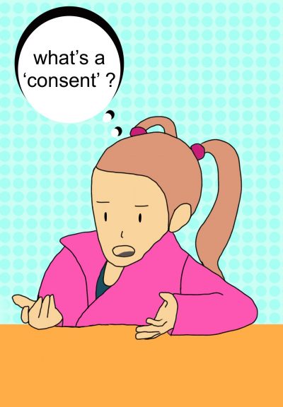A child in a pink coat with pigtails sits at the edge of a table against a blue spotted background with a word bubble that shows them saying “what’s a ‘consent’?”