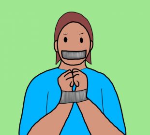 An illustration of a person, bound and gagged with duct tape.